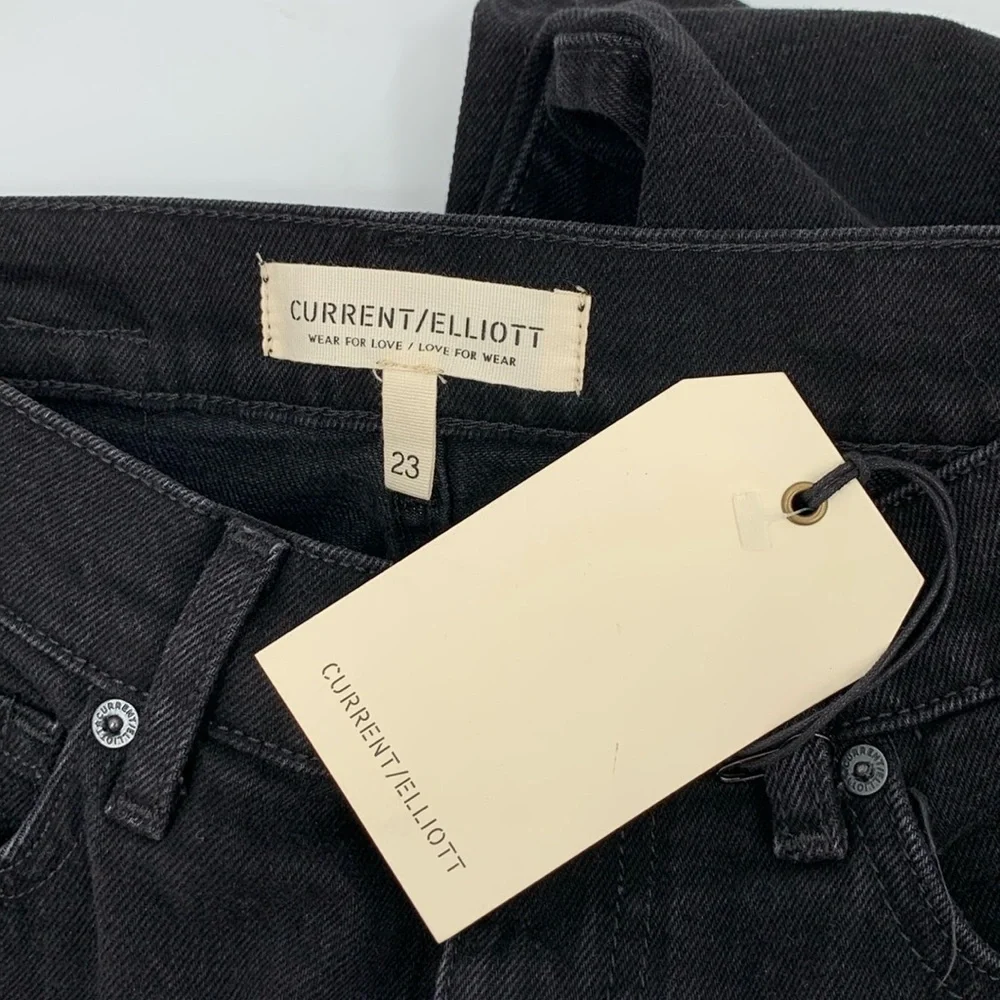 Current Elliott Boyfriend jeans denim Onyx black distressed shredded knee new 23